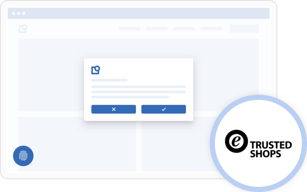 Trusted Shops-Logo in einem blauen Kreis, ein blauer Fingerabdruck und ein Pop-up mit Suchfeld und einer Ja- oder Nein-Option - Usercentrics