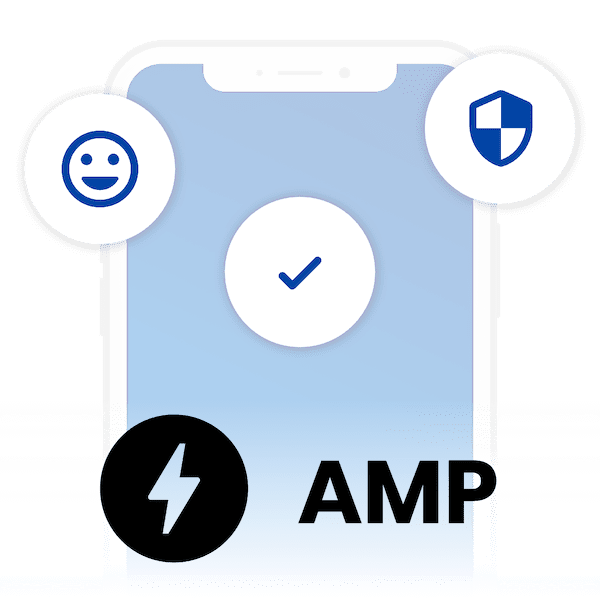 Smartphone with three white circles overlayed with the blue outline of a tick in one, a shield in the next and a smiley face. There is a black circle with a no fill electricity bolt and bold black letters 'AMP' - Usercentrics